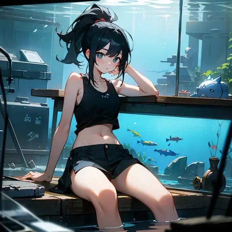 girl、Black Hair、ponytail、Tank top、Sit on a desk、Cracked water tank、Aquarium、ruins、signboard、stuffed toy、dark