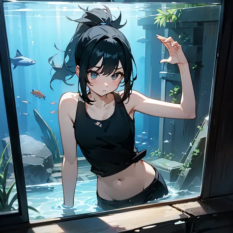 girl、Black Hair、ponytail、Tank top、Cracked water tank、Aquarium、ruins、dark