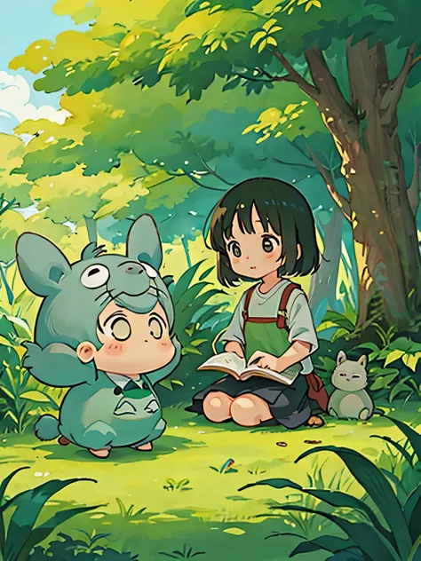 hayao miyazaki style, Kawaii Design, The most beautiful girl of all time、Chibi and her mother, play together、Totoro Forest