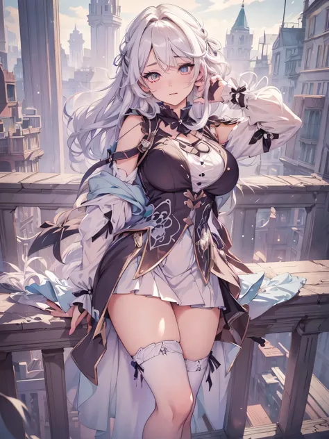 1girl, white hair, high quality, best quality, illustration, masterpiece, (highly detailed:1.2), (extremely detailed:1.3), young girl, in a winter park, string ribbon, skirt, thigh highs, winter, full body, ((masterpiece)),(top quality),(best quality),(((...