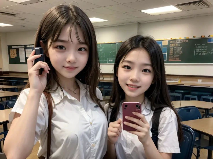 In the school cafeteria, two girls are taking a photo. One of them holds the phone to capture the moment.




