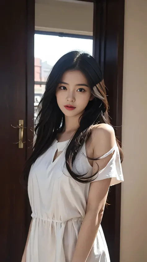 A perfect young female white-collar worker，Chinese，High picture quality，Works of masters，Black hair，Long hair flowing over the shoulders，Blured background，outside, deep shadow, Real Human，CG rendering，16k，Stand up，Empty interior，Do not show your hands，Clos...