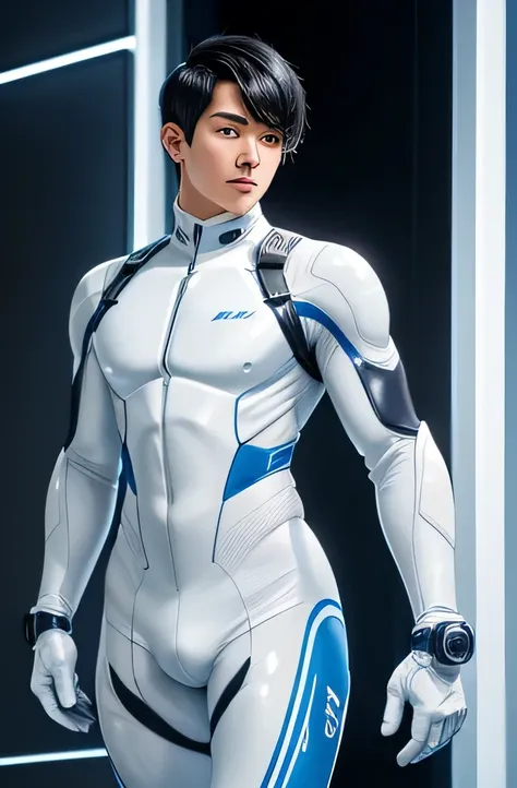 A handsome and refreshing 22-year-old Japanese man Short black hair cut Short hair man Powerful Future World Various instruments Science fiction A tight rubber suit that is all white with blue accents Compression suit full body White gloves Realistic imag...