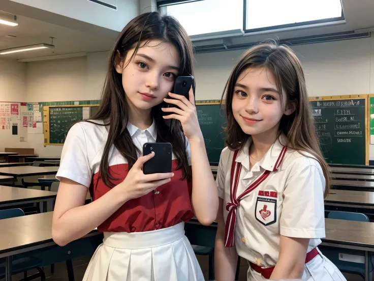 In the school cafeteria, two girls are taking a photo. One of them holds the phone to capture the moment. 18 anos, friendly girls take a photo, 17 years old, White uniform with red bands, , one girl, Sophie, tira a foto, a outra, Emma, apenas faz pose, gir...