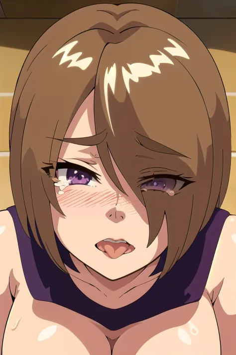 masterpiece,best quality,1girl,breasts,short hair,brown hair,light brown hair,purple eyes,hair over one eye,1girl,purple eyes, hair over one eye, bangs disheveled strand hair, tiles, ahegao_face, sticking_tongue_out, pleading, frightened_expression, fake_t...