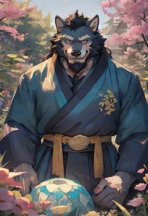 HD, Furry Uncle Wolf, Solitary, Looking at the audience, spring, Lying in the garden, Smile, Muscle Man, beard, pectoralis major, middle Ages, Hanfu, (Open it) Hanfu, close up, wet, permanent, Very strong, Handsome, affinity, (Large target) lift, ((loose) ...