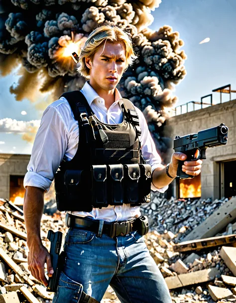  1man, late-twenties male, (shooter, glock 17, smoking gun, muzzle flash), empty desert, (blonde hair, medium hair, combed back hair), hazel eyes, building, burning, cloud, cloudy sky, day, debris, depth of field, destruction, explosion, fire, sky, (drop-d...