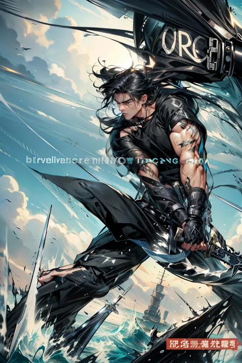 boys 26 Years old, Serious face, black hair, flowing hair, wearing ((black shirt)), black pants, high cut boots, holding sword, ocean