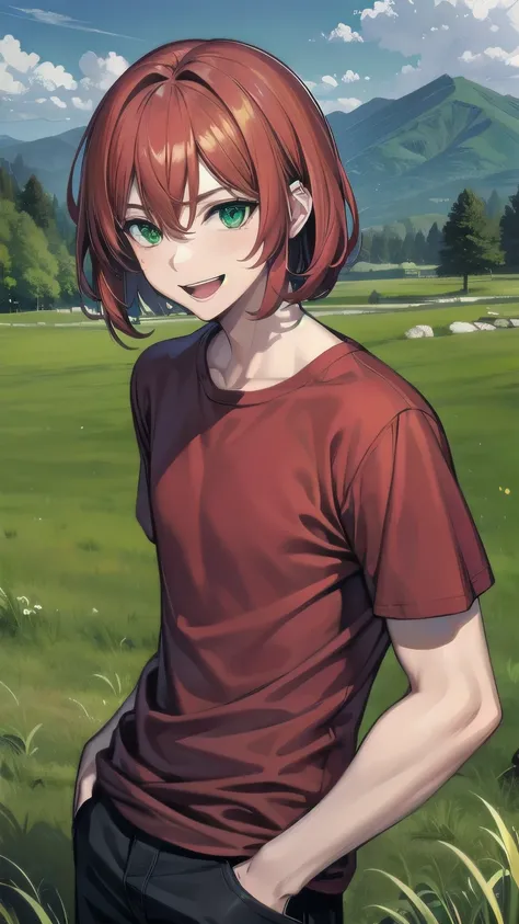 (masterpiece), best quality, expressive eyes, perfect face, mature male, (1boy, adult Man, young adult, young man), solo, red hair BREAK bob cut, green eyes BREAK band aid, red t-shirt BREAK red pants, smile, :D, Green mountains, landscape, grass, blue sky...