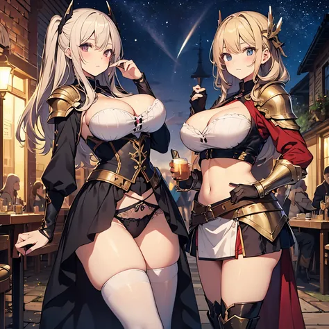 A group of female adventurers set in a medieval fantasy world, (At the pub), Mr.々Hair style, Harem, night, Detailed aspect, Short skirt, Seduce, No sleeve, armor 、showing off panties、Huge Breasts、Big Ass、wide waist width、Pulling up her skirt