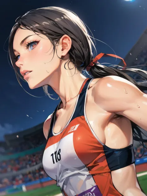 high quality,HD,16k,sharp lines,1 girl,Female track and field athlete ,cute face, large breasts, nice legs,At the track and field,focus girl,detailed beautiful face,detailed clothes,beautiful eyes,cool,dynamic angle