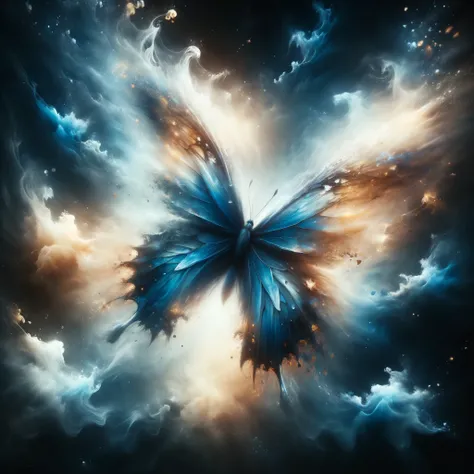 Abstract and surreal image of blue butterfly, blue dust rises from the depths of the abyss and swirling in a vortex of darkness and golden light forms a large ephemeral blue butterfly of bright blue dust combined with darkness and light, large butterfly wi...