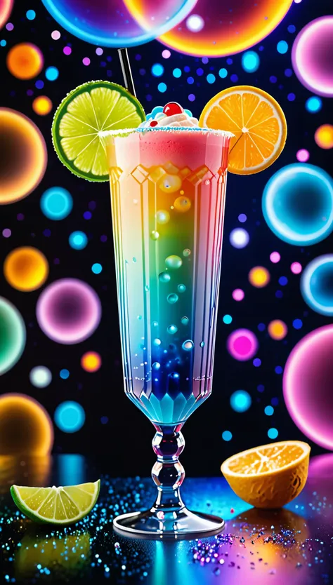 best quality, super fine, 16k, beautiful cocktail drink with many layers of color, long glass, beautifully colored cocktails, bo...