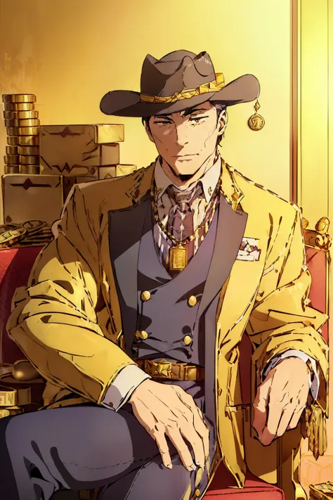 rich man, (dressed in cowboy-style outfit: 1.3), (large stack of money: 1.5), (sitting on a plush chair: 1.2), (surrounded by go...