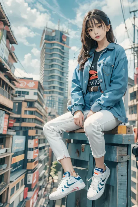 One girl，Japanese, 14 years old, Wearing a colorful long sleeve shirt，(((Bottom View))),Athletic Sneakers，Low-rise denim pants, Have a smartphone, Shallow space，Background of urban architecture，Sitting pose，highest quality, masterpiece, 8k，Shallow depth of...