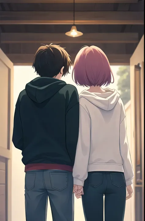 Girls and boys、Two people huddled together、 hoodie、Back view、N mark on the back
