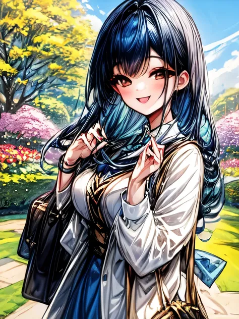 a quiet girl with dark blue hair girlwearing a cardigan with a smile on her face, standing in a sunny garden surrounded by color...