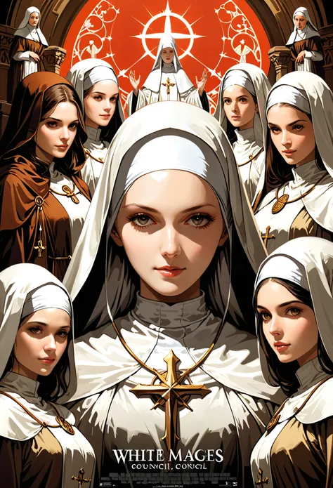 white mages council by martin ansin，white nuns，white wizard，numerous girls，movie poster style，