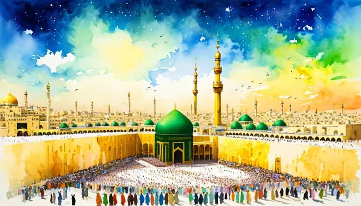 Iraq, Najaf, Imam Ali Holy Shrine, golden shrine, Islam, Islamic, large crowd of people, scenery, beautiful sky, city, night, cityscape, outdoors, light, real world location, night sky, modern art, painting, drawing, watercolor, psychedelic colors