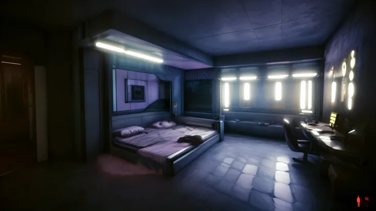 (v'home:1.2),indoors,desk,bed,sofa,neon lights,view two if v'home,(high quality, best quality, hi res),(ultimate phtoreal concep...