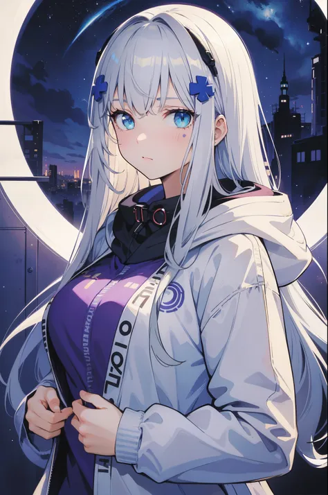 (best quality:1.3), (masterpiece:1.3), (illustration:1.3), (ultra-detailed:1.3), (imid shot:0.9), 1girl, Long hair, white hair, ((blue eyes)), purple hoodie, looking at viewer, white jacket, medium breasts, HK416Clukay, upper body, night sky, stars, 