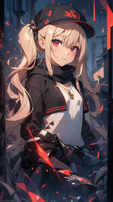最high quality、Best image quality、masterpiece、girl((18-year-old、 By becoming、Best Bust、Medium Bust,Wide open breast tea、Red glowing eyes,Blonde、Disheveled Hair、Twin tails、thin,The highest valley、Open chest、Luminous Wristbands、hat、hair ornaments、luminous nec...