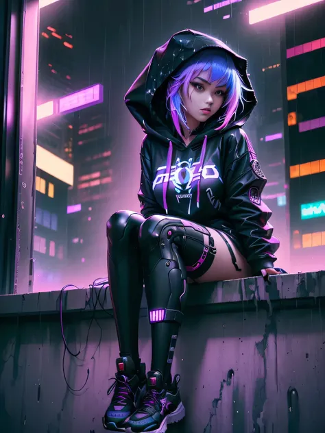 A woman in a spider costume sits on a windowsill in the rain, Futuristic style hero, Cyberpunk art style, Cyberpunk Streetwear, Cyberpunk anime girl wearing a hoodie, alice x. open, wearing Cyberpunk Streetwear, Digital cyberpunk - anime art, Anime Cyberpu...