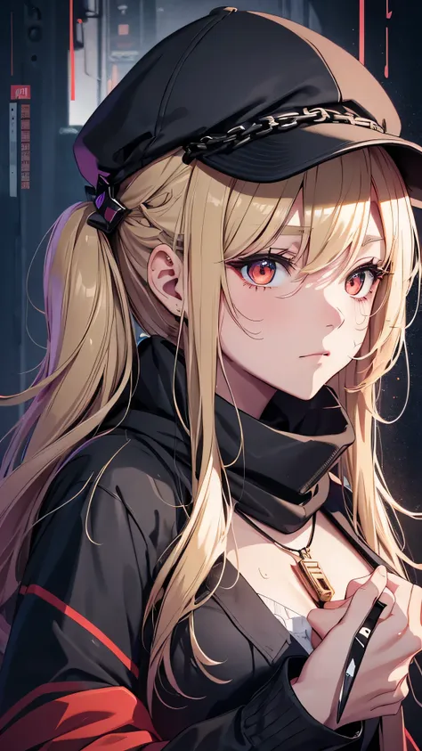 最high quality、Best image quality、masterpiece、girl((18-year-old、 By becoming、Best Bust、Medium Bust,Wide open breast tea、Red glowing eyes,Blonde、Disheveled Hair、Twin tails、thin,The highest valley、Open chest、Luminous Wristbands、hat、hair ornaments、luminous nec...