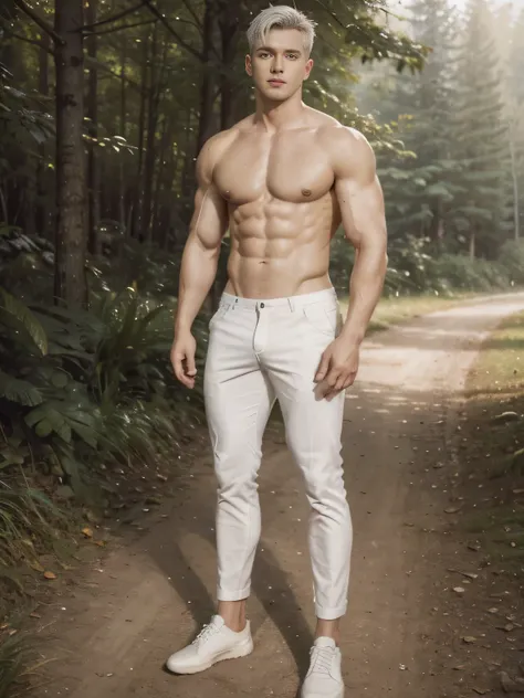 FULL full Body photorealistic 4k, high resolution, best quality, masterpiece, perfect color, make his abes , full body view perfect shade, perfect lighting, Posted by e621, ((portrait)), ((handsome man)), perfect male figure, Short hair details，chest muscl...