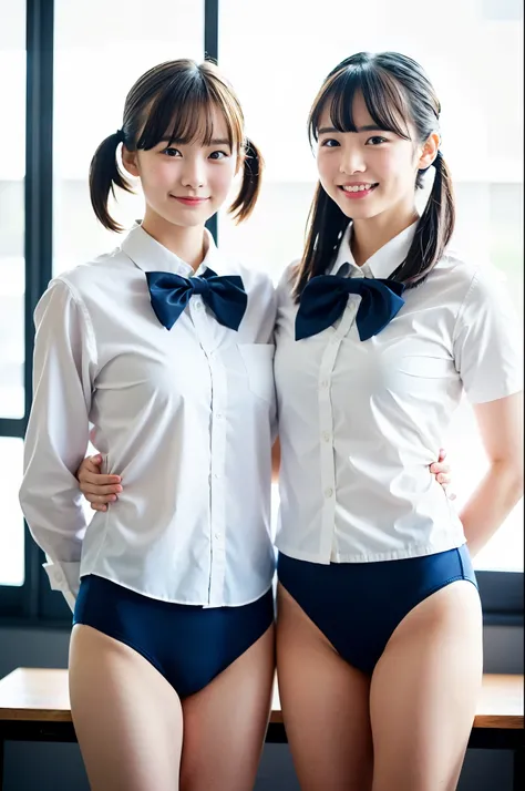 girls standing in school classroom,white shirt over navy blue swimsuit,bow tie,18-year-old,bangs,a little smile,thighs,knees,short hair and low pigtails with barrette,from below,front light