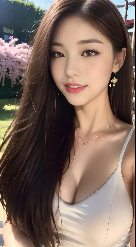 ((highest quality, 8k, masterpiece :1.3)), One Girl, close, A very affectionate smile:1.5,Red lipstick,Dark lipstick:1.2,Beautiful woman, Big Breasts:1.3,Light purple long dress,Highly detailed face, fine grain, double eyelid,  Blur the background, outside...