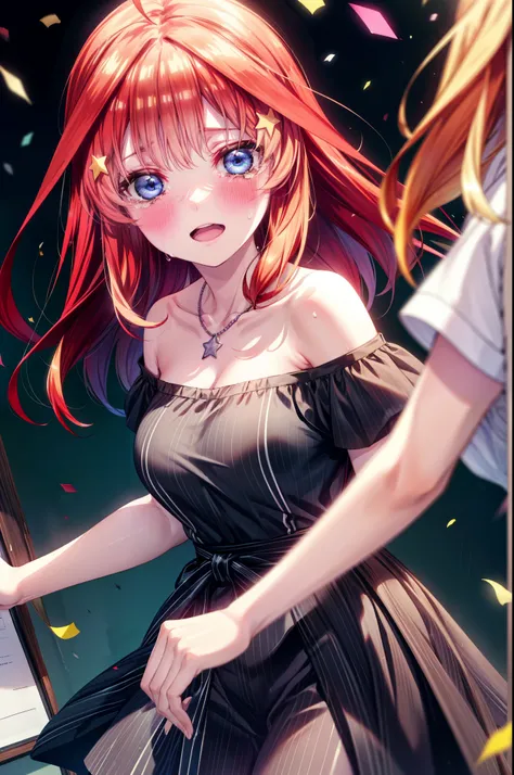 itsukinakano, Itsuki Nakano, bangs, blue eyes, Hair between the eyes, Ahoge, Redhead, star (symbol), hair ornaments, star hair ornaments,smile,blush,Red off-the-shoulder dress,Sleeveless,Exposing shoulders,Bare arms,Bare neck,bare clavicle,tiara,Heart Neck...