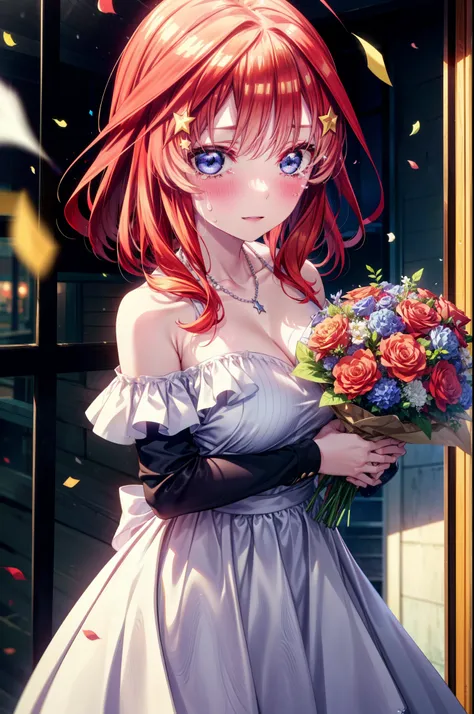 itsukinakano, Itsuki Nakano, bangs, blue eyes, Hair between the eyes, Ahoge, Redhead, star (symbol), hair ornaments, star hair ornaments,smile,blush,Red off-the-shoulder dress,Sleeveless,Exposing shoulders,Bare arms,Bare neck,bare clavicle,crown,Heart Neck...