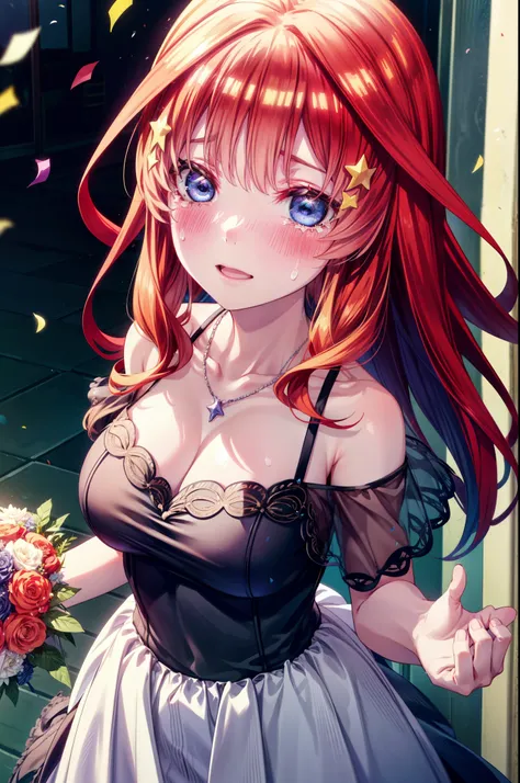 itsukinakano, Itsuki Nakano, bangs, blue eyes, Hair between the eyes, Ahoge, Redhead, star (symbol), hair ornaments, star hair ornaments,smile,blush,Red off-the-shoulder dress,Sleeveless,Exposing shoulders,Bare arms,Bare neck,bare clavicle,crown,Heart Neck...