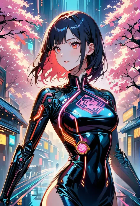 ((Vision))，((whole body))，1 girl, Wearing a black cheongsam，Robot arms and legs，Cyberpunk beauty holding an electric rifle，Standing under the cherry blossom tree with pink flowers，（white sockechanical ceramic high heels：1.5 ），background，Empty Mountain Moto...