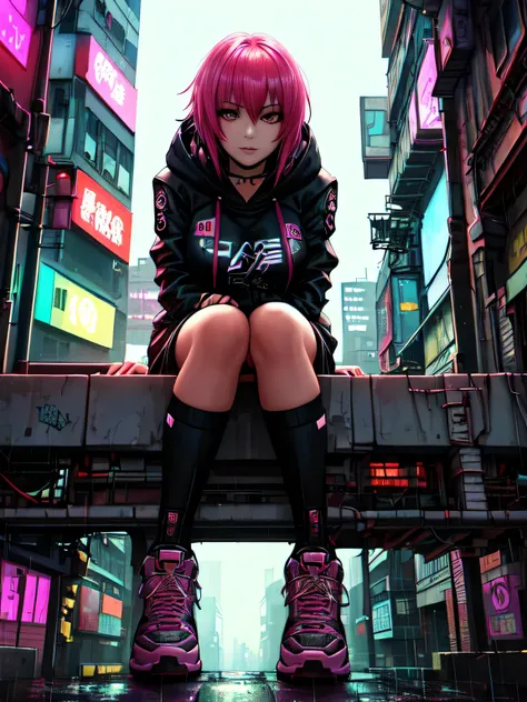 A woman in a dress sits on a windowsill in the rain, Futuristic style hero, Cyberpunk art style, Cyberpunk Streetwear, Cyberpunk anime girl wearing a hoodie, alice x. open, wearing Cyberpunk Streetwear, Digital cyberpunk - anime art, Anime Cyberpunk Art, C...