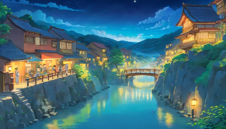 Hot spring town at night、Beautiful night sky、The river flows