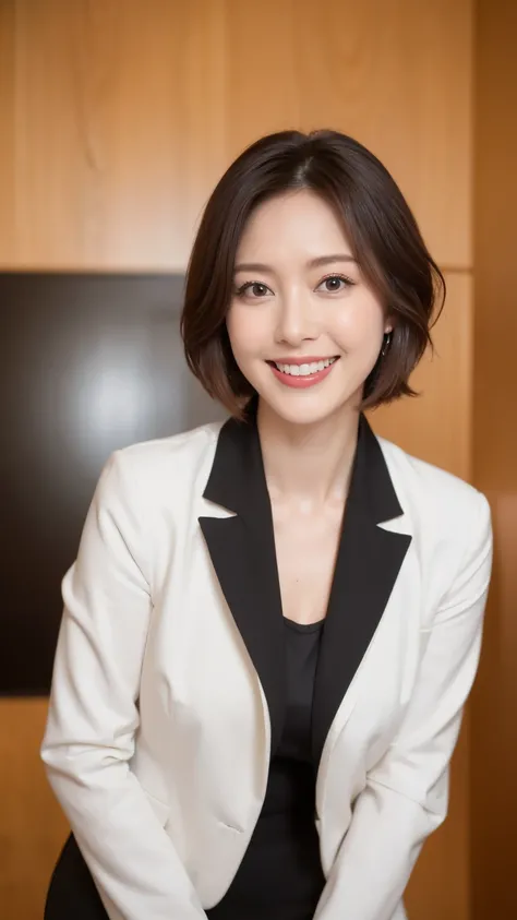 masterpiece,highest quality, (Mature Woman、42 years old),  Glare, （Grey blazer）, （White shirt：1.2）, （Black pencil skirt：1.4）、double eyelid, eyelash, Lip gloss, (smile:1),  (Looking at the audience、Whole body image、Are standing), （Modern hotel lobby:1.6）、Wr...