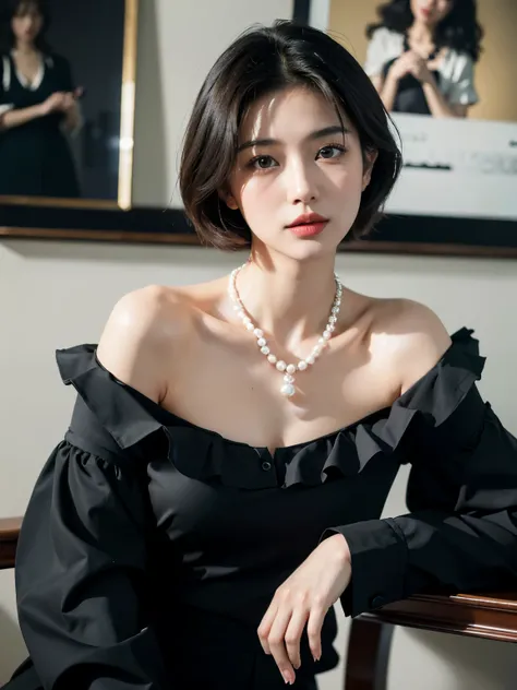 (highest quality, 8k, 32k, masterpiece, Ultra-high resolution:1.2),Beautiful Japanese Women Photos, （D cup breasts:1.4), Very short bob hair,Upper Body,Face Focus,（black formal blouse：1.4）、black ruffle blouse,（Pearl Necklace:1.4), （captain&#39;Living quart...