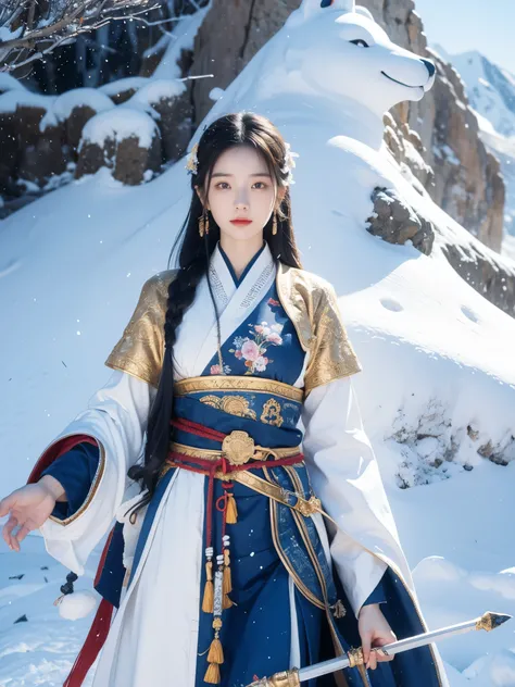 Snow mountain sword painting method, Ancient style woman&#39;s cold ice flame sword, Holding a sword burning with blue flames, Dancing with a sword in white clothes, long hair flowing in the snow, Beautiful woman holding a silver sword, Wear jade jewelry, ...