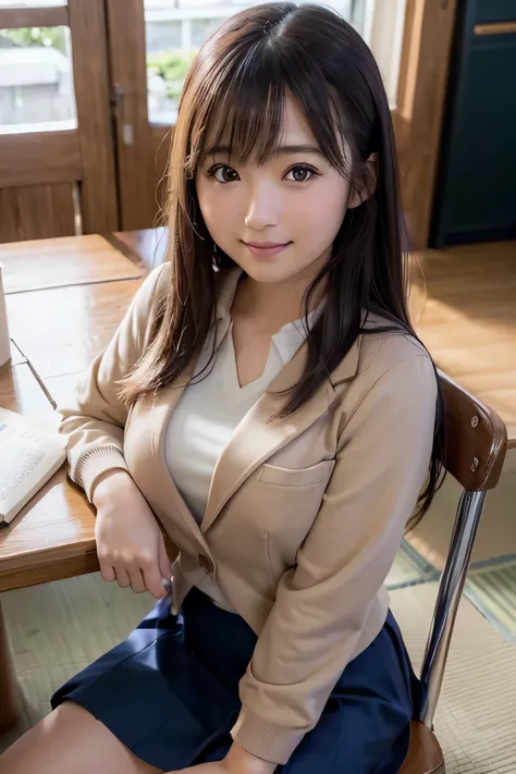 best quality, facial focus, soft light, (depth of field), ultra high res, (photorealistic: 1.4), RAW photo, (sideways) 1Japanese girl, solo, handsome, (shy, smile: 1.1), (brown eyes), detailed beautiful face, (long hair), (seated chair), (school uniform: 1...