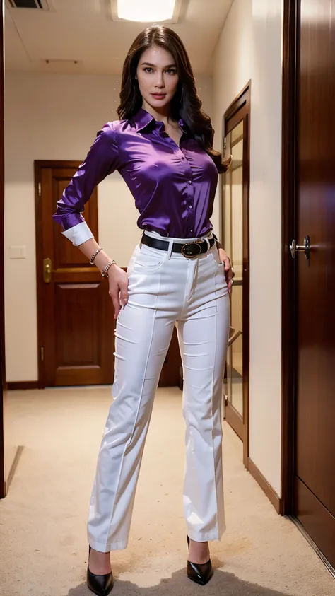 A pretty women, straight hair, slender body, long legs, saggy breasts, casual purple silk shirt, high heels, white long pants, belt, in the night, night at office, full body, seductive pose, standing on the floor, dynamic lighting, dynamic angle, perspecti...