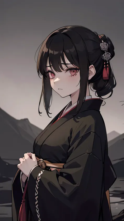 taisho period japan woman, dark aesthetic, darkwave aesthetic, grunge aesthetic, eerie moorlands behind her, dark aesthetics, ee...