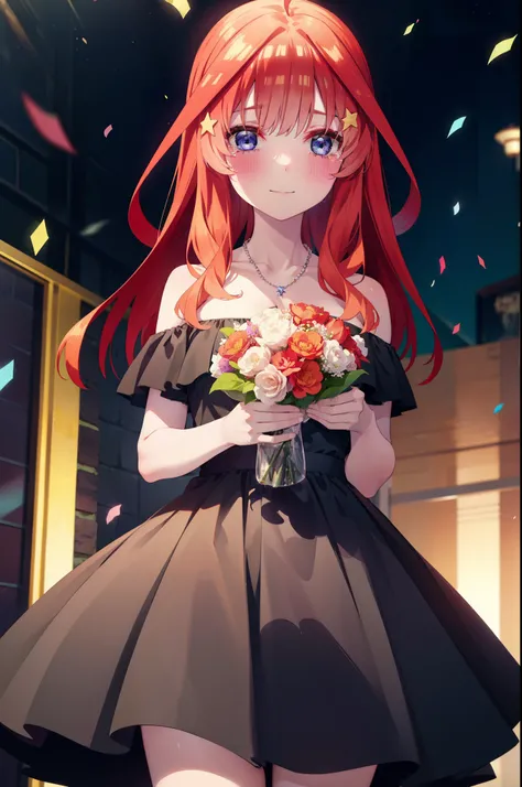 itsukinakano, Itsuki Nakano, bangs, blue eyes, Hair between the eyes, Ahoge, Redhead, star (symbol), hair ornaments, tiara,star hair ornaments,smile,blush,Red off-the-shoulder dress,Long skirt,Red Pin Heel,Sleeveless,Exposing shoulders,Bare arms,Bare neck,...