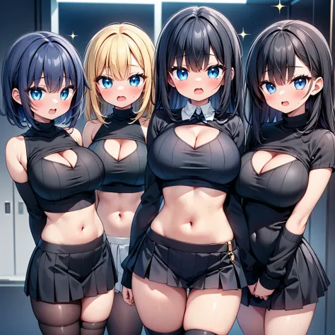 (cute eyes:1.2), (sparkling eyes:1.2), highest quality,wonderful,finely,extremely detailed CG Unity 8K wallpaper, (Stand in line:1.2), (3 girls, cute eyes, Black Hair, blue eyes, (dark skin:1,2), clothed), (black sweater:1.1),  (skinny body:1.3), (huge bre...