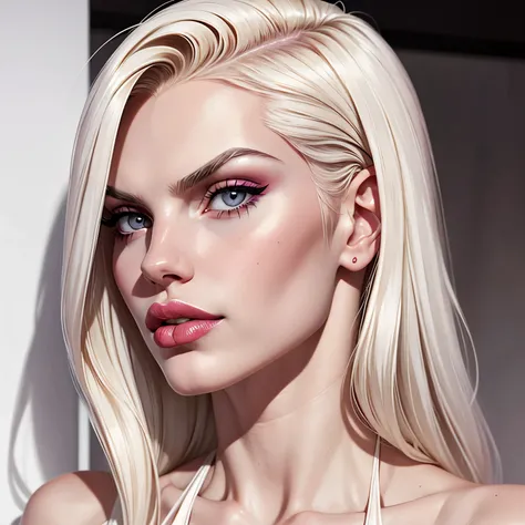 boy avatar, andrej pejic, long blonde hair, gray eyes, sharp features, white skin, bimbo lips, pink lipstick, sexy look.