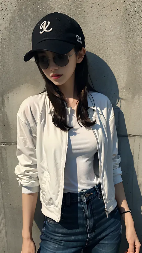 Girl in jacket white , polo shirt and jean poses for photo、Slim body、Moderately bust、Slim girl model、18-year-old female model、Leaning against a clean wall、Wearing black sunglasses and a cap