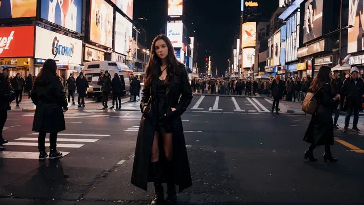 Full body photo female character with long brown hair and a black trench coat, in the middle of the street Times Square night, with people and cars around passing time lapse