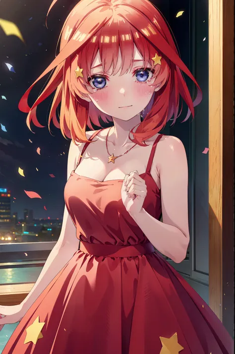 itsukinakano, Itsuki Nakano, bangs, blue eyes, Hair between the eyes, Ahoge, Redhead, star (symbol), hair ornaments, tiara,star hair ornaments,smile,blush,Red Dress,Long skirt,Red Pin Heel,Sleeveless,Exposing shoulders,Bare arms,Bare neck,bare clavicle,Hea...