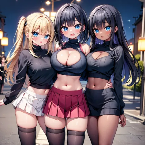 (cute eyes:1.2), (sparkling eyes:1.2), highest quality,wonderful,finely,extremely detailed CG Unity 8K wallpaper, (Stand in line:1.2), (3 girls, cute eyes, Black Hair, blue eyes, (dark skin:1,2), clothed), (black sweater:1.1),  (skinny body:1.1), (huge bre...